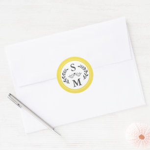 Elegant Wedding Modern Monogram Yellow Gray Favor Classic Round Sticker