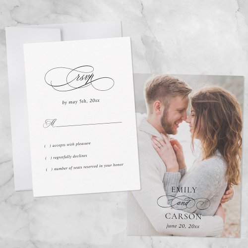 Elegant Wedding Modern Photo Names  Date Black RSVP Card