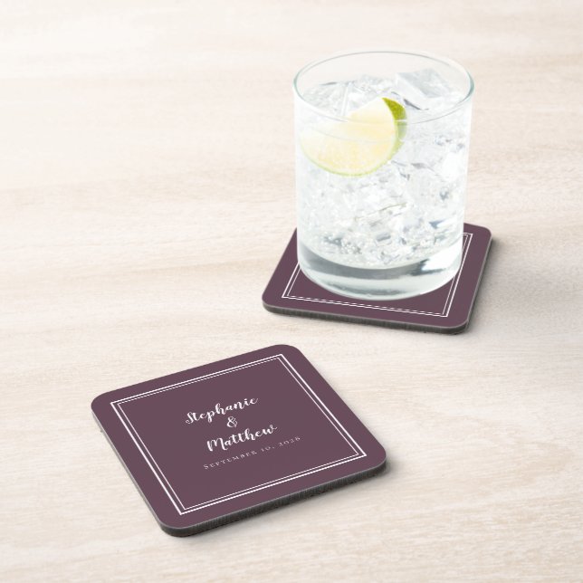 Elegant Wedding Modern Purple Minimalist Newlywed Beverage Coaster (Right Side)