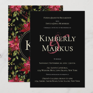 Elegant Wedding Monogram Claret Red Poinsettia Invitation