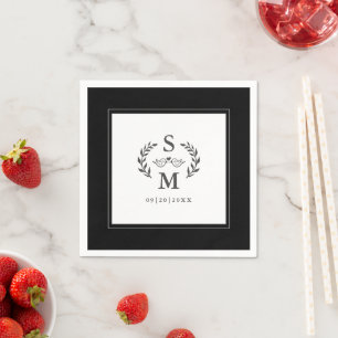 Elegant Wedding Monogram Crest Wreath Black White Napkins