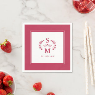 Elegant Wedding Monogram Crest Wreath Magenta Red Napkins