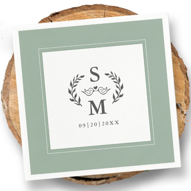 Elegant Wedding Monogram Crest Wreath Sage Green Napkins (Elegant Wedding Monogram Crest Wreath Sage Green Napkins)