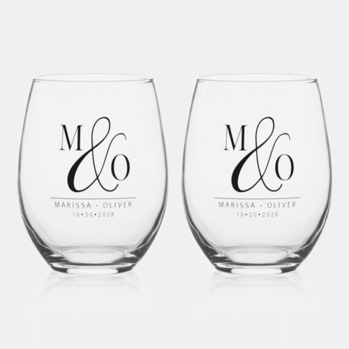 Elegant Wedding Monogram Drinkware Set Stemless Wine Glass