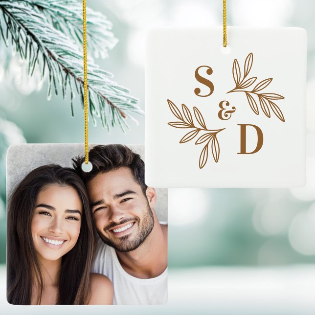 Elegant wedding monogram greenery leaves ceramic ornament (Elegant wedding monogram greenery leaves ceramic ornament)