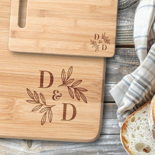 Elegant wedding monogram greenery leaves engraved cutting board