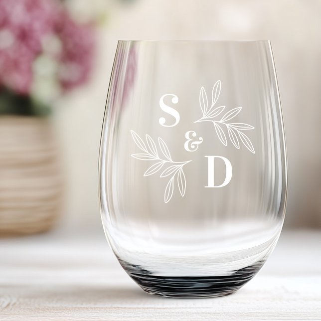 Elegant wedding monogram greenery leaves  etched stemless wine glass (Elegant wedding monogram greenery leaves etched stemless wine glass)