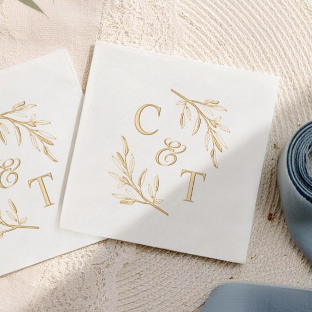 Elegant Wedding Monogram Greenery Leaves Foil Napkins (Elegant typography minimal greenery wedding monogram foil napkins.)