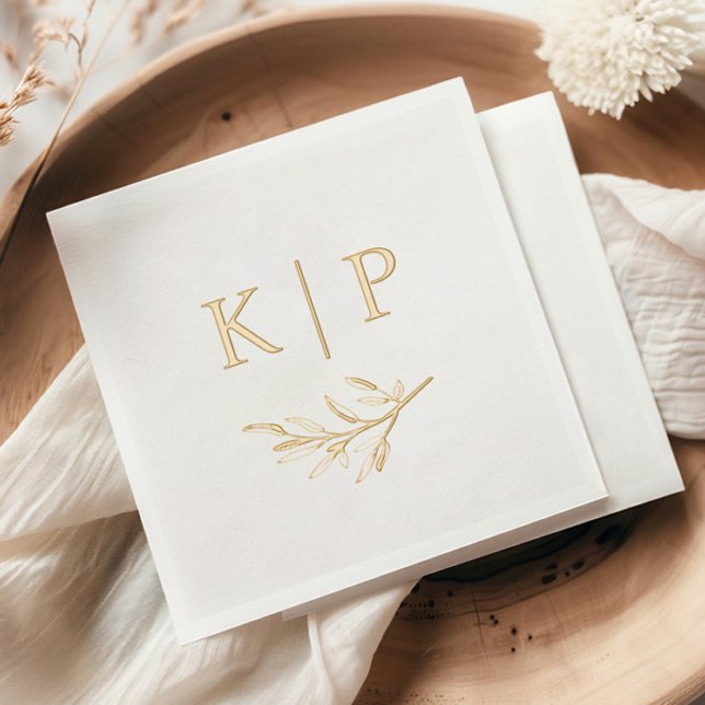 Elegant Wedding Monogram Greenery leaves  Foil Napkins (Elegant minimal wedding monogram with greenery foil napkins.)