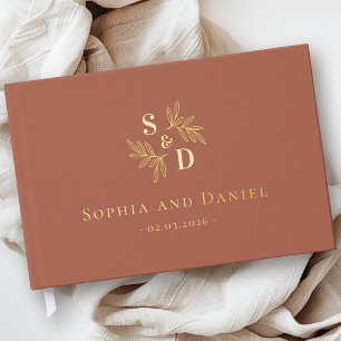 Elegant wedding monogram greenery leaves real foil guest book 