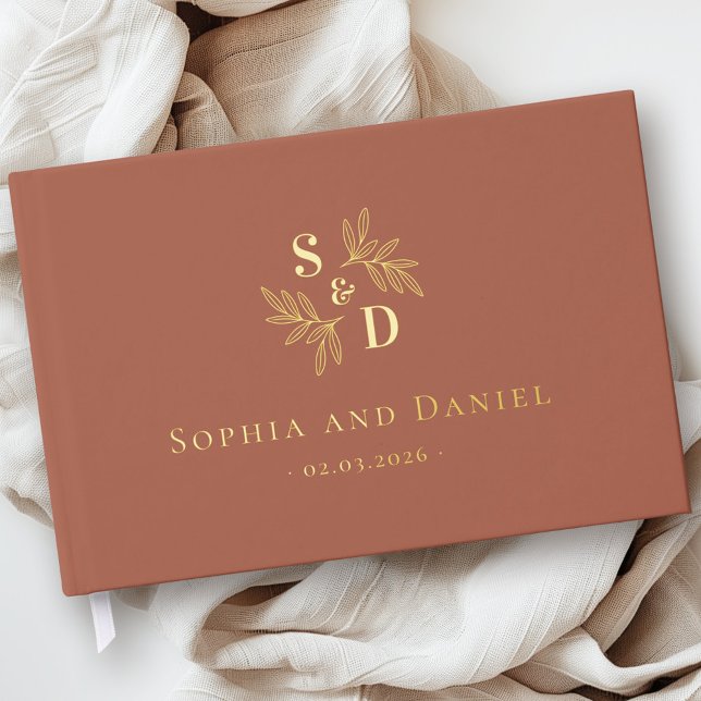 Elegant wedding monogram greenery leaves real foil guest book  (Elegant wedding monogram greenery leaves real foil guest book)