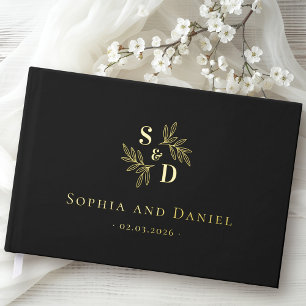 Elegant wedding monogram greenery leaves real foil guest book 