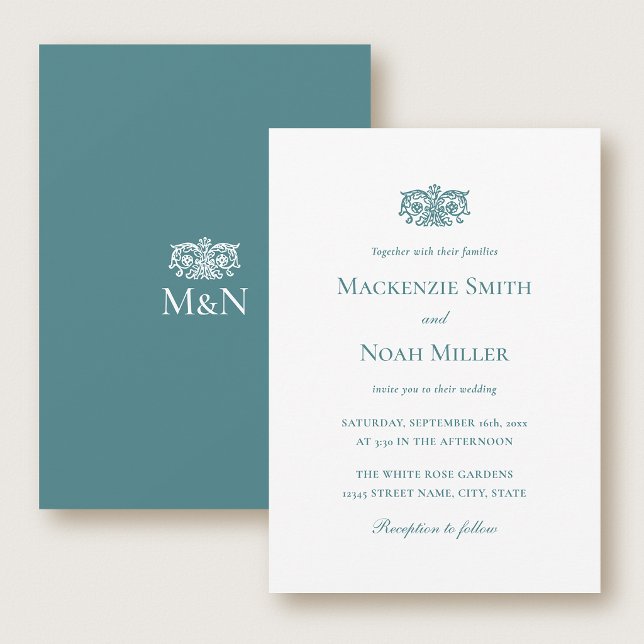 Elegant Wedding Monogram Invitation Ornate Teal (Creator Uploaded)