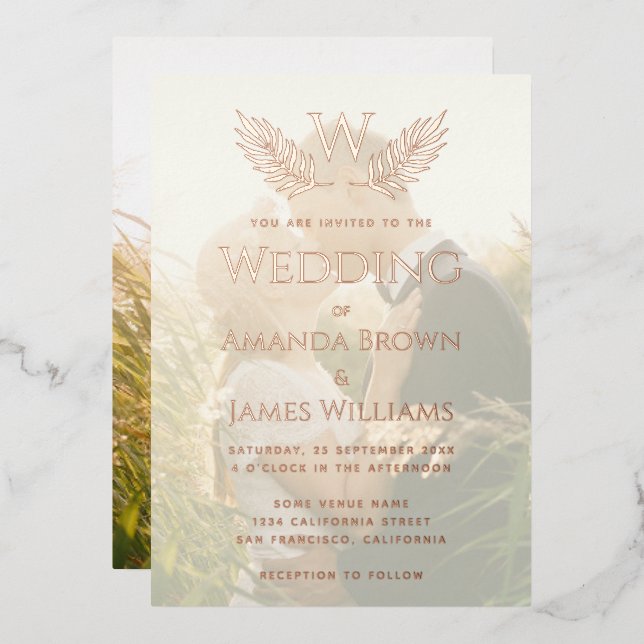 Elegant Wedding Monogram Leaves Transparent Photo  Foil Invitation (Front/Back)