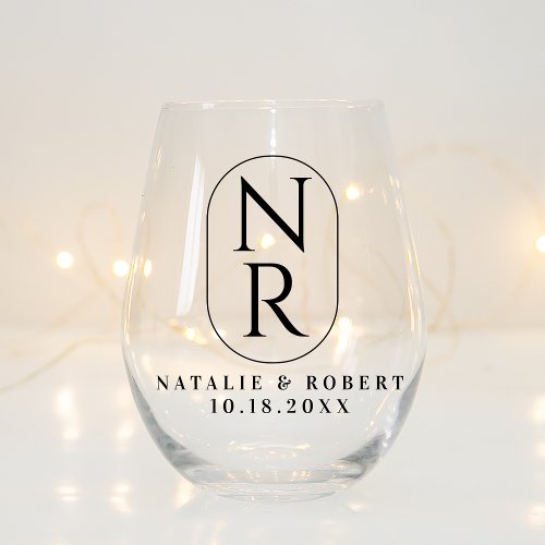 Elegant Wedding Monogram Modern Minimalist Couple Stemless Wine Glass