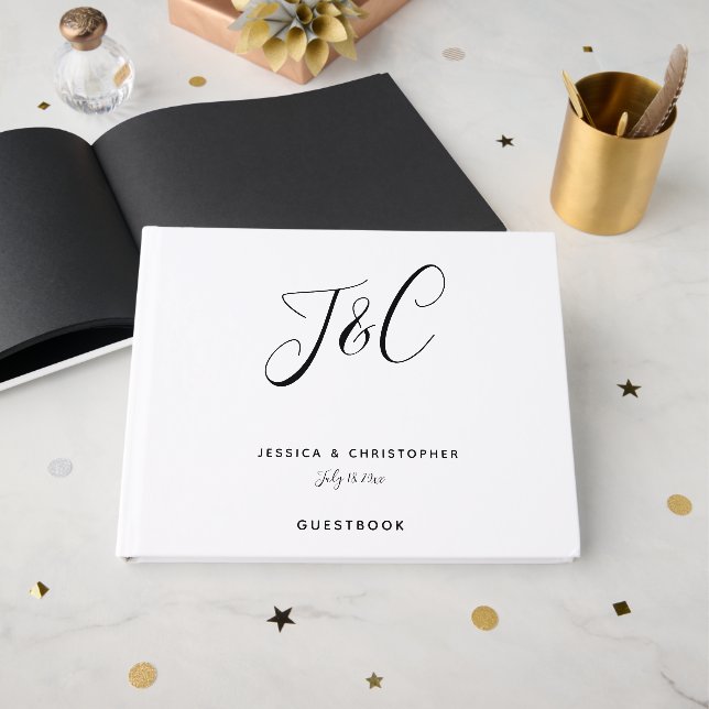 Elegant Wedding Monogram Modern Script Black White Guest Book (Front Open)