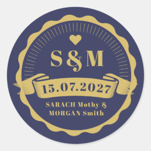 Elegant Wedding Monogram Name Navy Blue Gold Classic Round Sticker