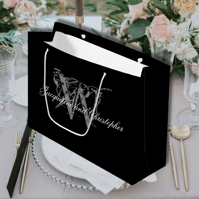 Elegant Wedding, Monogram, Names, Black & White Large Gift Bag (For an Elegant Wedding - Personalized Monogram plus Names, Black, White & Gray Large Gift bag.)