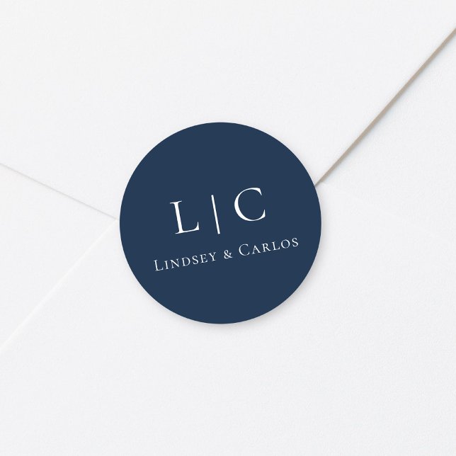 Elegant Wedding Monogram Navy Blue Classic Round Sticker (Creator Uploaded)