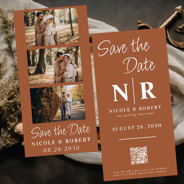 Elegant Wedding Monogram Photo Strip QR Code Save The Date (Creator Uploaded)