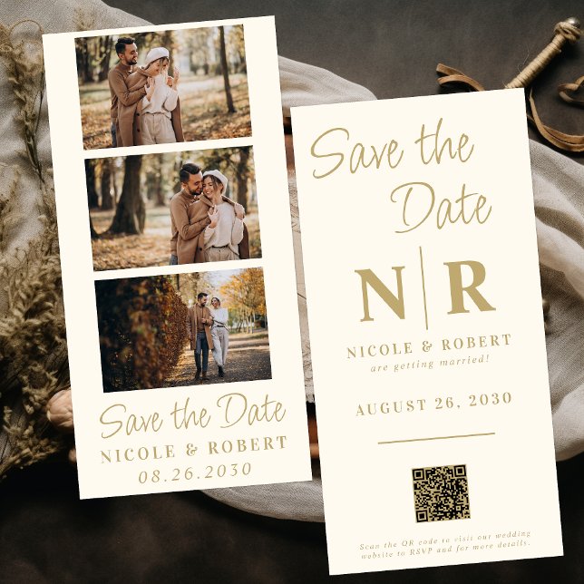 Elegant Wedding Monogram Photo Strip QR Code Save The Date (Creator Uploaded)