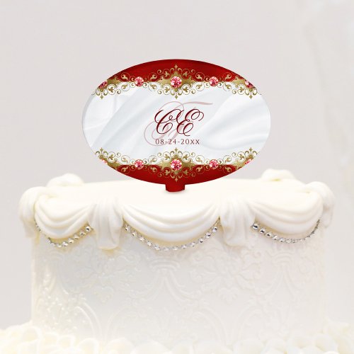 Elegant Wedding Monogram Red Gold Floral Cake Topper