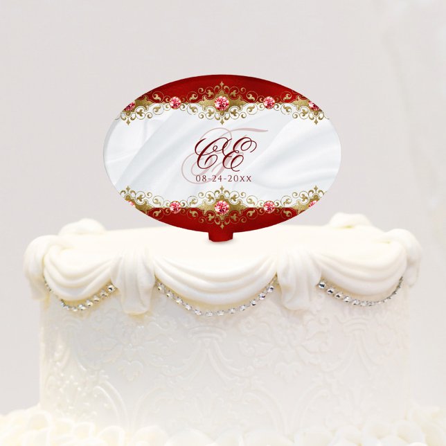 Elegant Wedding Monogram Red Gold Floral Cake Topper (Creator Uploaded)