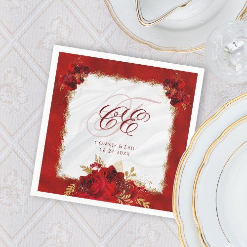 Elegant Wedding Monogram Red Gold Floral Napkins