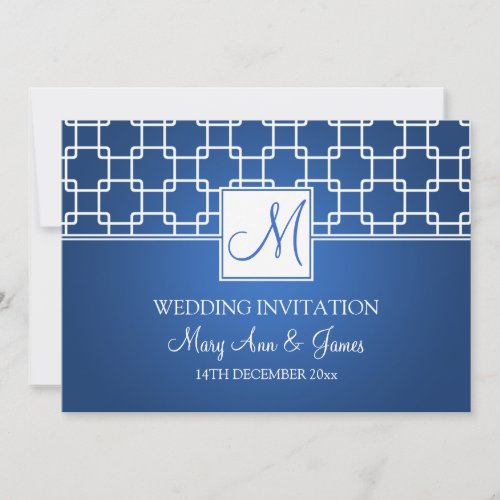 Elegant Wedding Monogram Trellis Pattern Blue Invitation