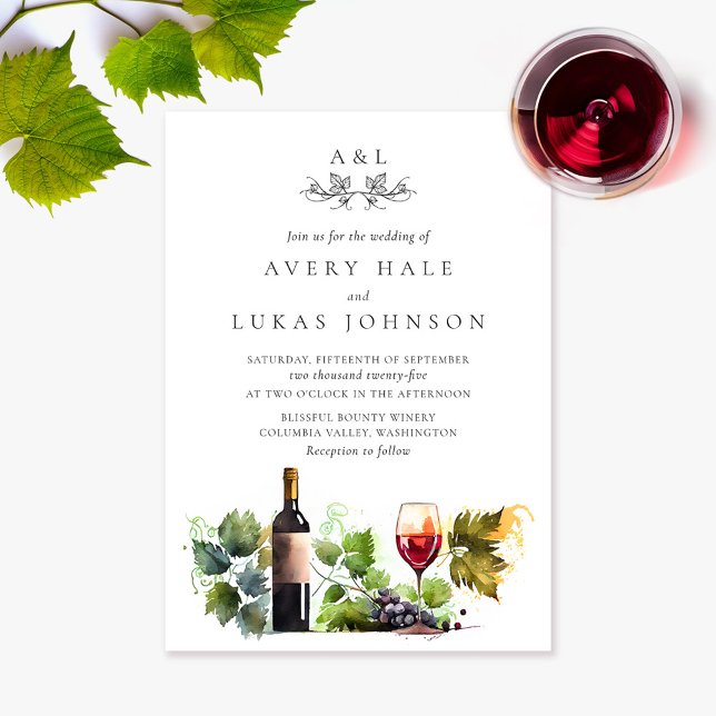 Elegant Wedding Monogram Watercolor Winery Invitation (Creator Uploaded)
