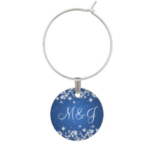 Elegant Wedding Monogram Winter Sparkle Blue Wine Charm