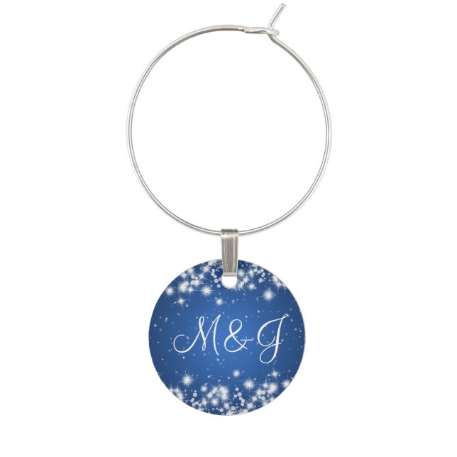 Elegant Wedding Monogram Winter Sparkle Blue Wine Charm (Front)