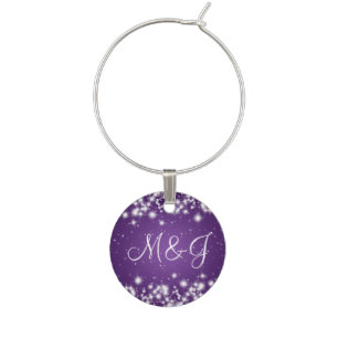 Elegant Wedding Monogram Winter Sparkle Purple Wine Glass Charm