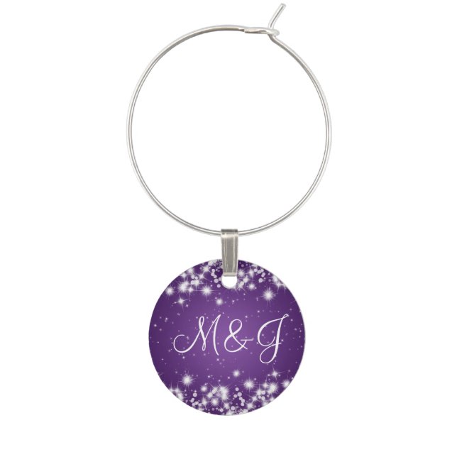 Elegant Wedding Monogram Winter Sparkle Purple Wine Glass Charm (Front)