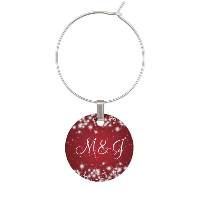 Elegant Wedding Monogram Winter Sparkle Red Wine Charm (Front)
