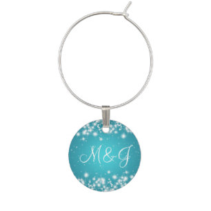 Elegant Wedding Monogram Winter Sparkle Turquoise Wine Charm
