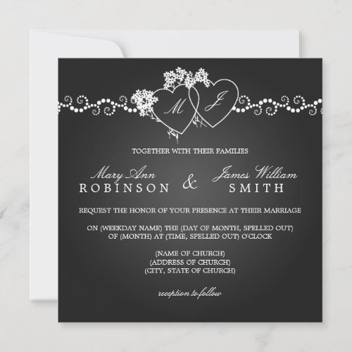 Elegant Wedding Monogrammed Hearts Black Invitation