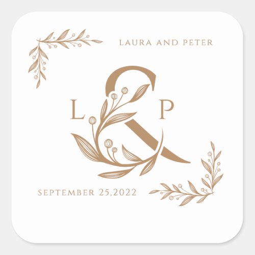 Elegant wedding monograms with floral ampersand  square sticker