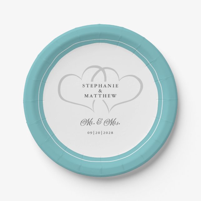 Elegant Wedding Mr & Mrs Aqua & White Chic Hearts Paper Plates (Front)