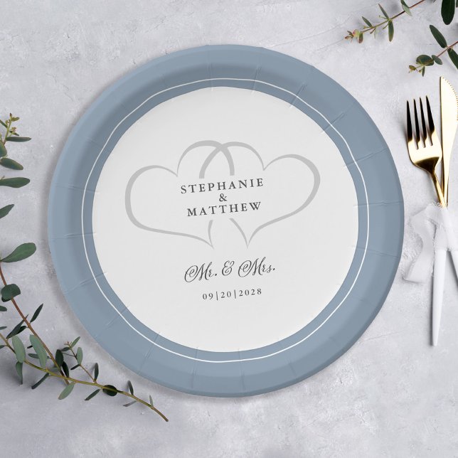 Elegant Wedding Mr & Mrs Dusty Blue Chic Hearts Paper Plates (Elegant Wedding Mr & Mrs Dusty Blue Chic Hearts Paper Plates)