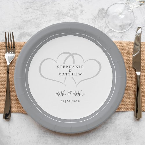 Elegant Wedding Mr  Mrs Gray White Hearts Fancy Paper Plates