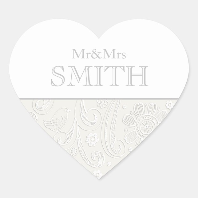 Elegant Wedding Mr & Mrs Personalized Heart Name Sticker (Front)