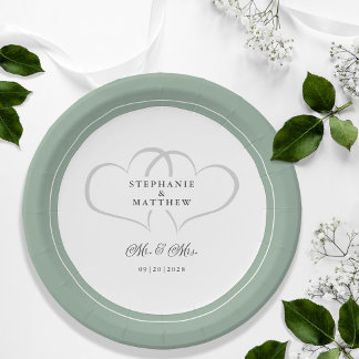 Elegant Wedding Mr & Mrs Rustic Sage Green Hearts Paper Plates