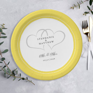 Elegant Wedding Mr & Mrs Yellow White Hearts Paper Plates