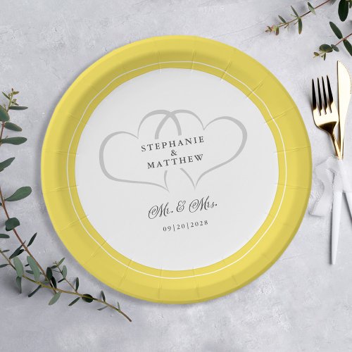 Elegant Wedding Mr  Mrs Yellow White Hearts Paper Plates