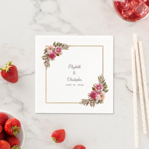 Elegant Wedding Names Date Floral Gold Cocktail Napkins