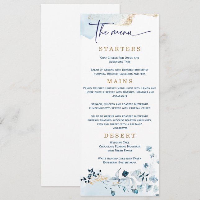 Elegant Wedding Navy Blue and Gold  Menu (Front/Back)