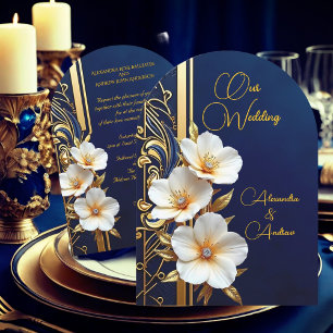 Elegant Wedding Navy Blue Gold Diamond Floral Invitation
