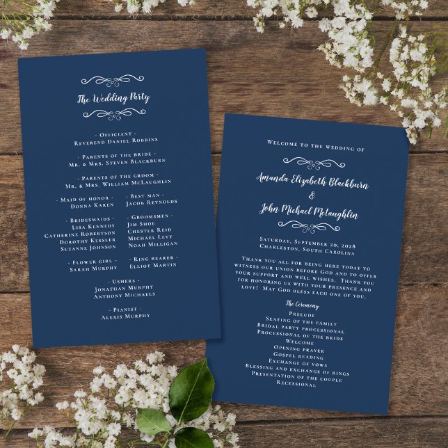 Elegant Wedding Navy Blue Modern Ceremony Program  (Creator Uploaded)