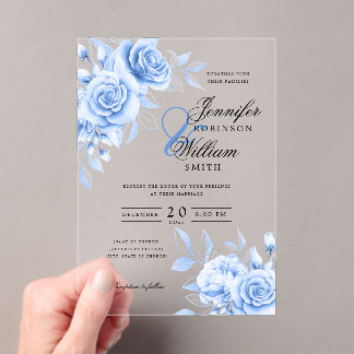 Elegant Wedding Navy Blue Roses Floral Theme Acrylic Invitations